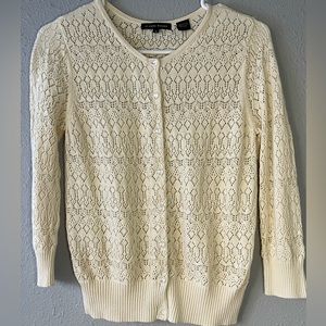 Spring Crochet Knit Cardigan Size Small, 100% Cotton, Jeanne Pierre Soft Beige ￼